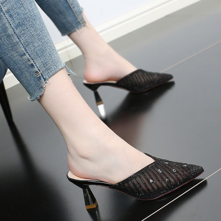 Net Yarn Rhinestone Stiletto Net Red Slippers