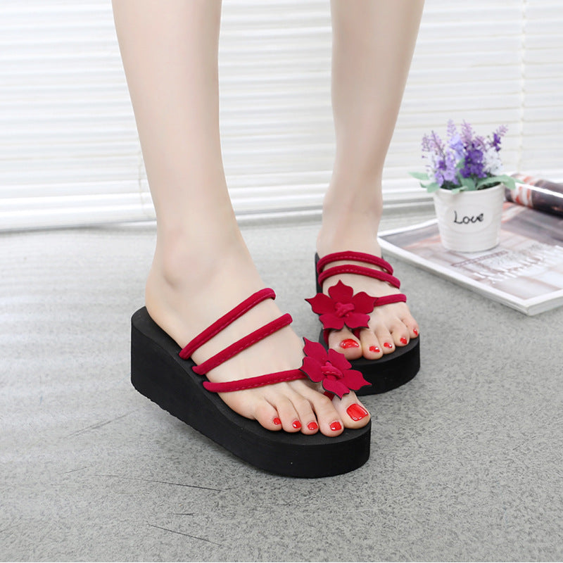 Summer new high heels and thick bottom ladies' slippers flowers