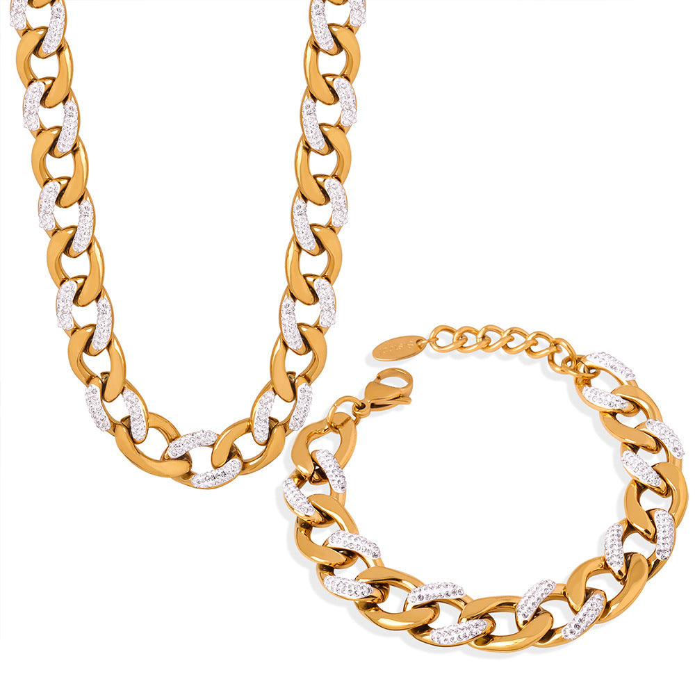 French Style Cool Style Affordable Luxury Fashion Gentle Elegant Jewelry Cuban Link Chain Diamond-studded Design Titanium Steel Gold-plated Jewelry Suit