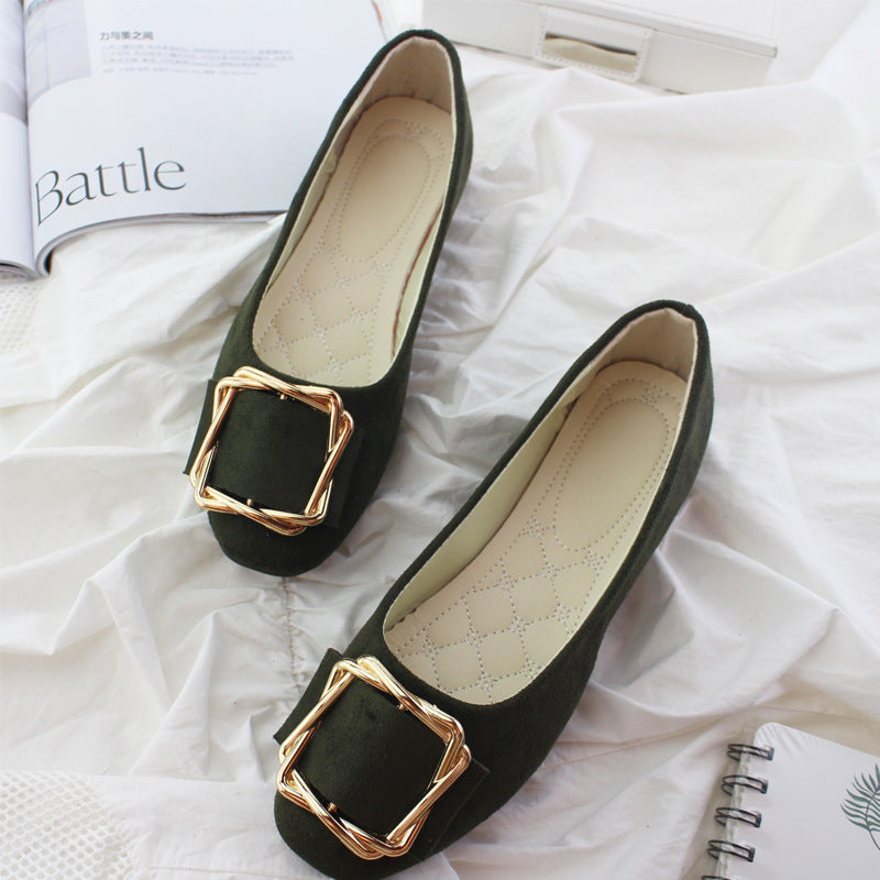 Toe Comfortable Large Size Square Buckle Flats Women's Shoes