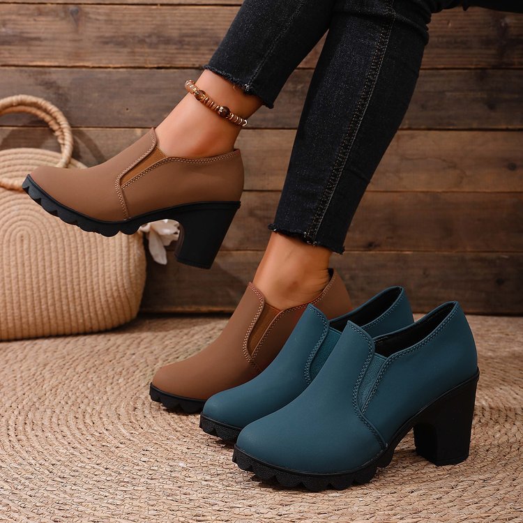 Womens Stylish Chunky-heel Shoes With A Thick Sole And Round Toe