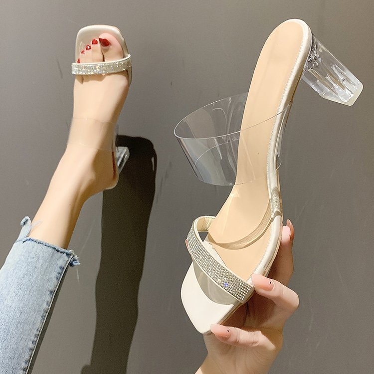 One Word With Crystal And European And American Large Size High-heel Slippers