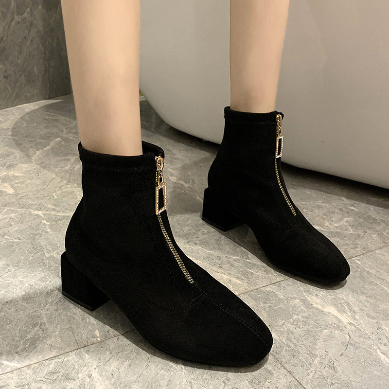 Female British Style Slim Front Zipper Round-toe Short Boots