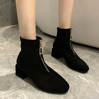 Female British Style Slim Front Zipper Round-toe Short Boots