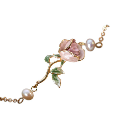 Super Gentle Rose Retro Exquisite Enamel Drip Glazed Brass Gold-plated Pearl Bracelet
