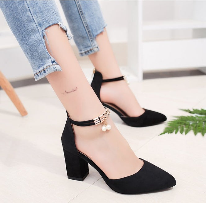 High Heels Women's Workplace Thick With Shallow Mouth Women's Shoes A Word Buckle With Rhinestone Pointed Shoes