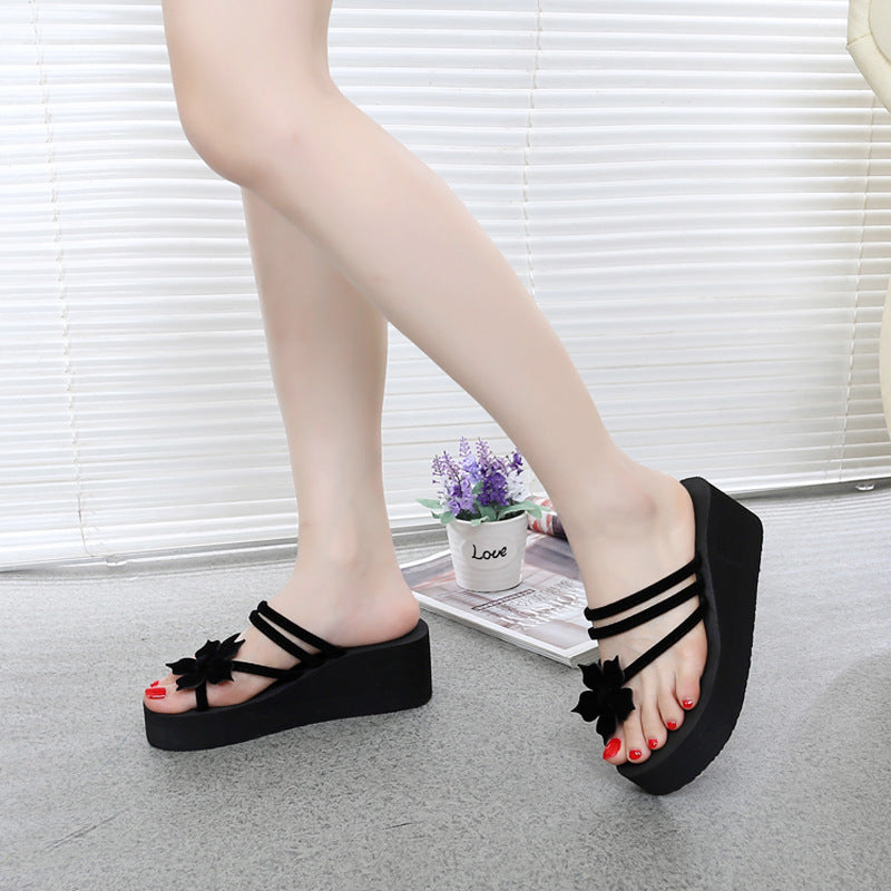 Summer new high heels and thick bottom ladies' slippers flowers