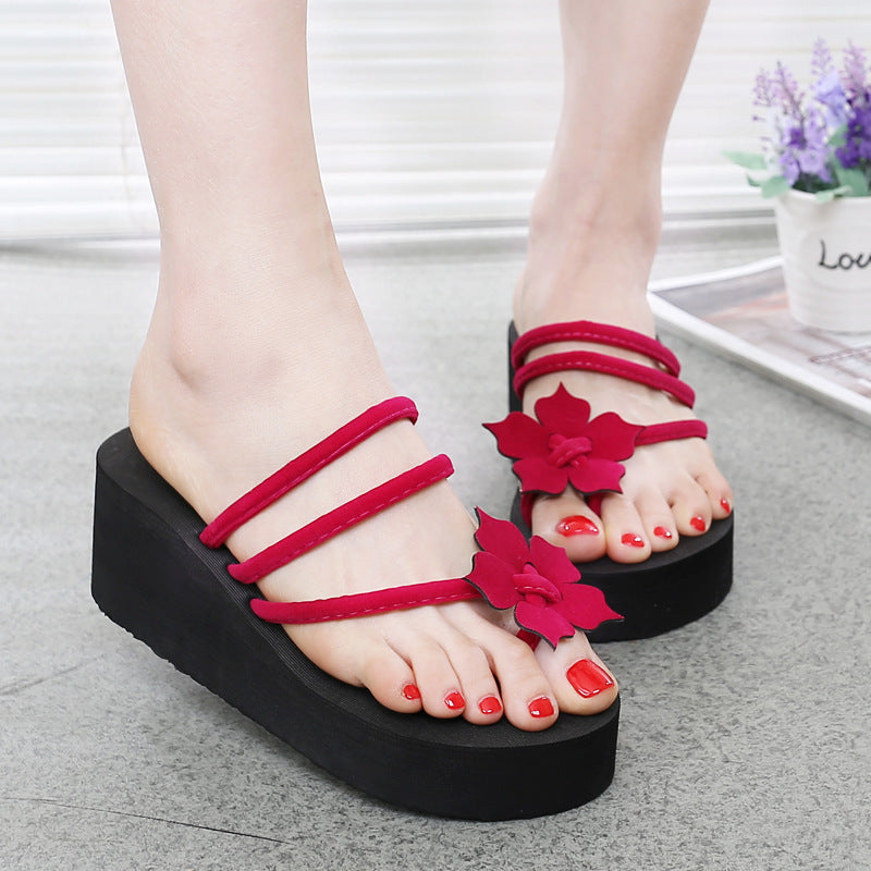 Summer new high heels and thick bottom ladies' slippers flowers