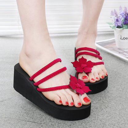 Summer new high heels and thick bottom ladies' slippers flowers
