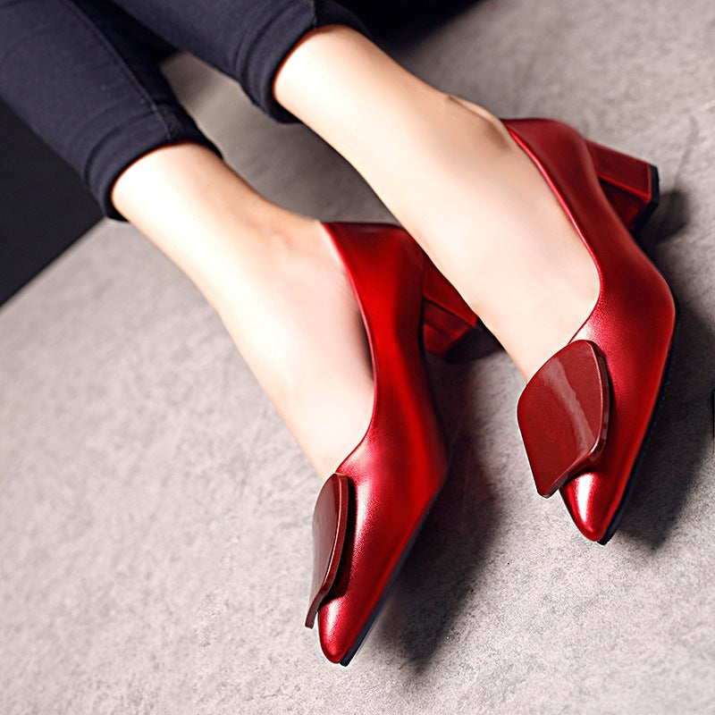 Pointed Shallow Mouth Women's Single Shoes Mid-heel Fashion Thick-heeled High Heels