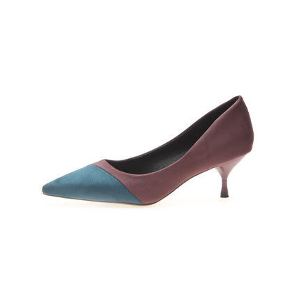 Stitching High Heels Pointed Toe Stiletto Women's Single Shoes Suede Over-feet Low-top Shoes