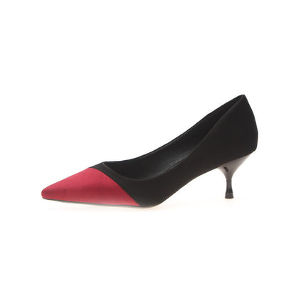 Stitching High Heels Pointed Toe Stiletto Women's Single Shoes Suede Over-feet Low-top Shoes