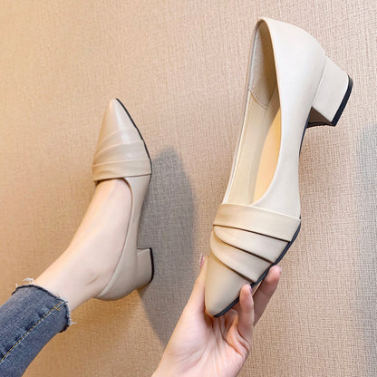 Business heel shoes, soft leather pointed mid-heel shoes, Mary Jane shoes, thick heel work shoes