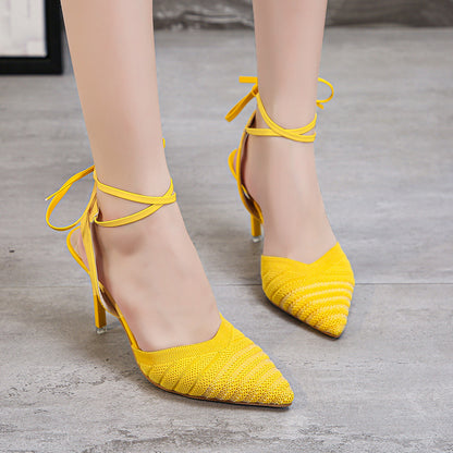 Pointed Toe Stiletto Solid Color Flying Knit Korean Style Women's Sandals