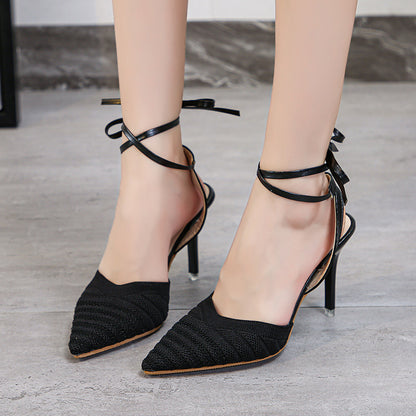 Pointed Toe Stiletto Solid Color Flying Knit Korean Style Women's Sandals