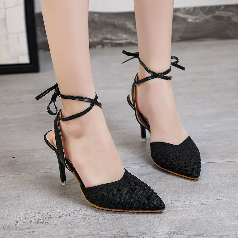 Pointed Toe Stiletto Solid Color Flying Knit Korean Style Women's Sandals