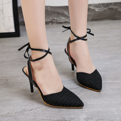 Pointed Toe Stiletto Solid Color Flying Knit Korean Style Women's Sandals