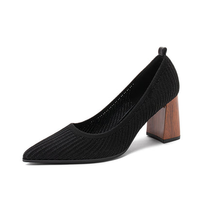 Knitted Square Heel Shallow Mouth Fashion Women's Shoes Korean Style Pointed Toe Single Shoes Thick Heel High Heels Shallow Mouth