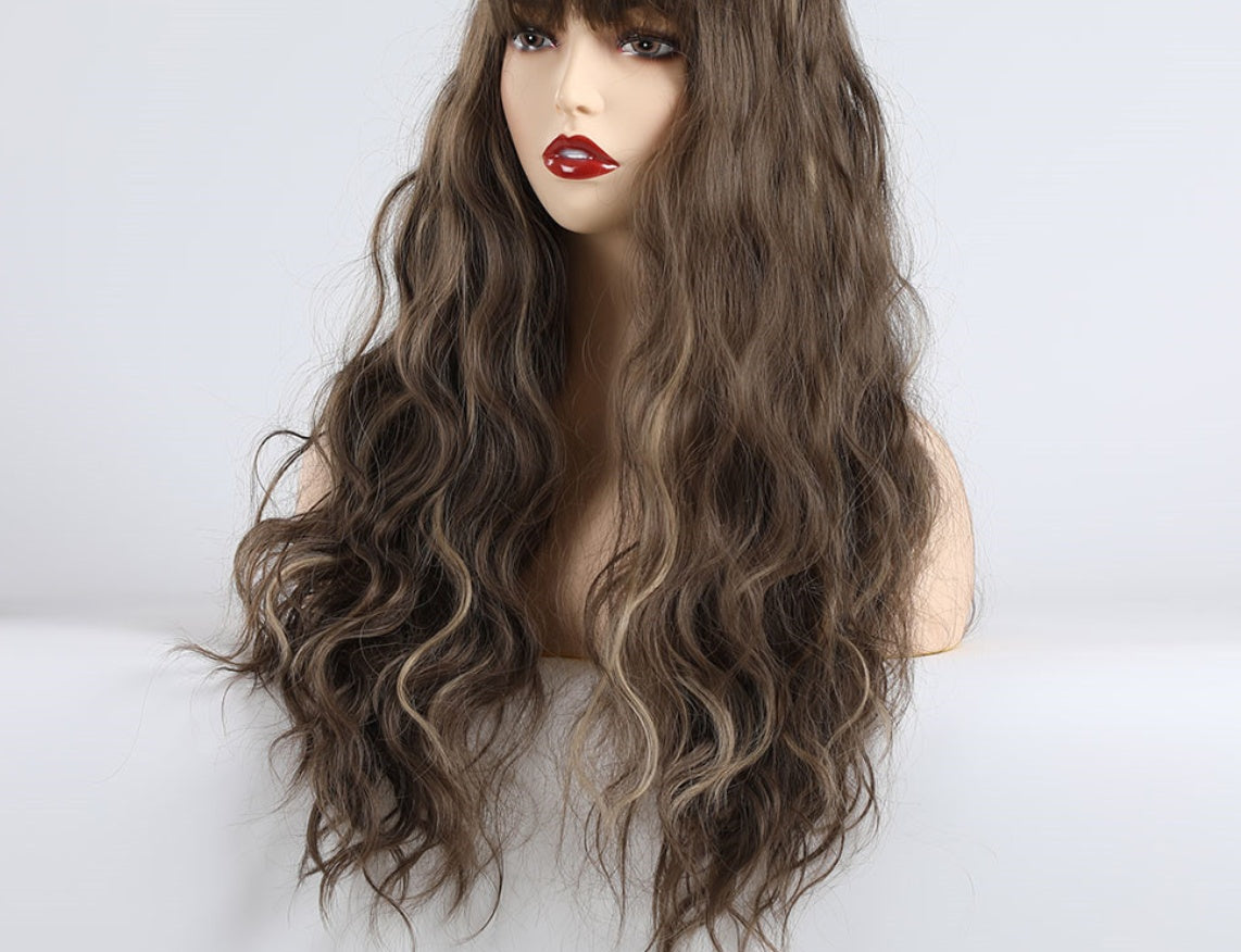 Brown mixed color long bangs curly hair