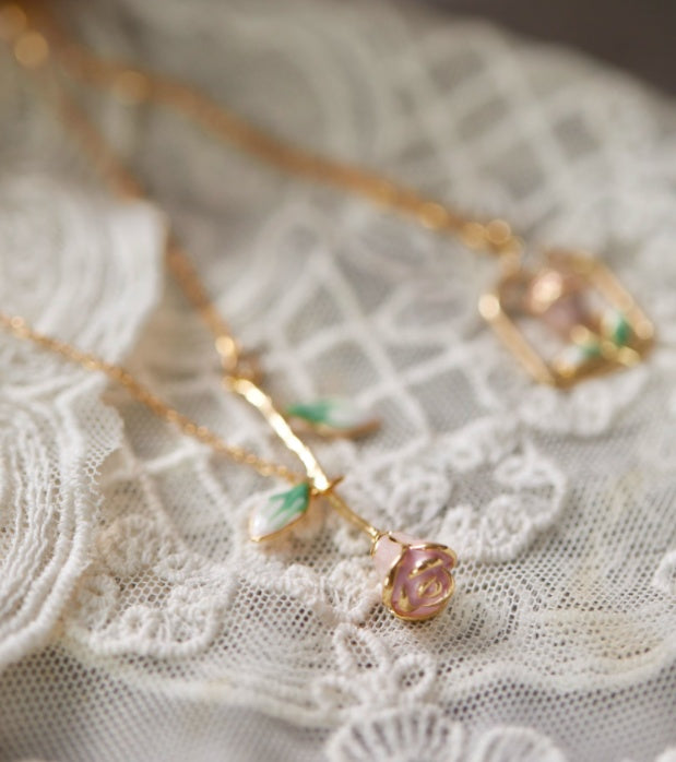 Gentle  Rose Enamel Flowers Titanium Steel Necklace