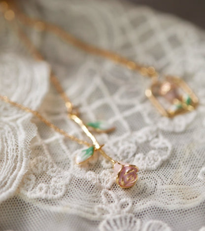 Gentle  Rose Enamel Flowers Titanium Steel Necklace