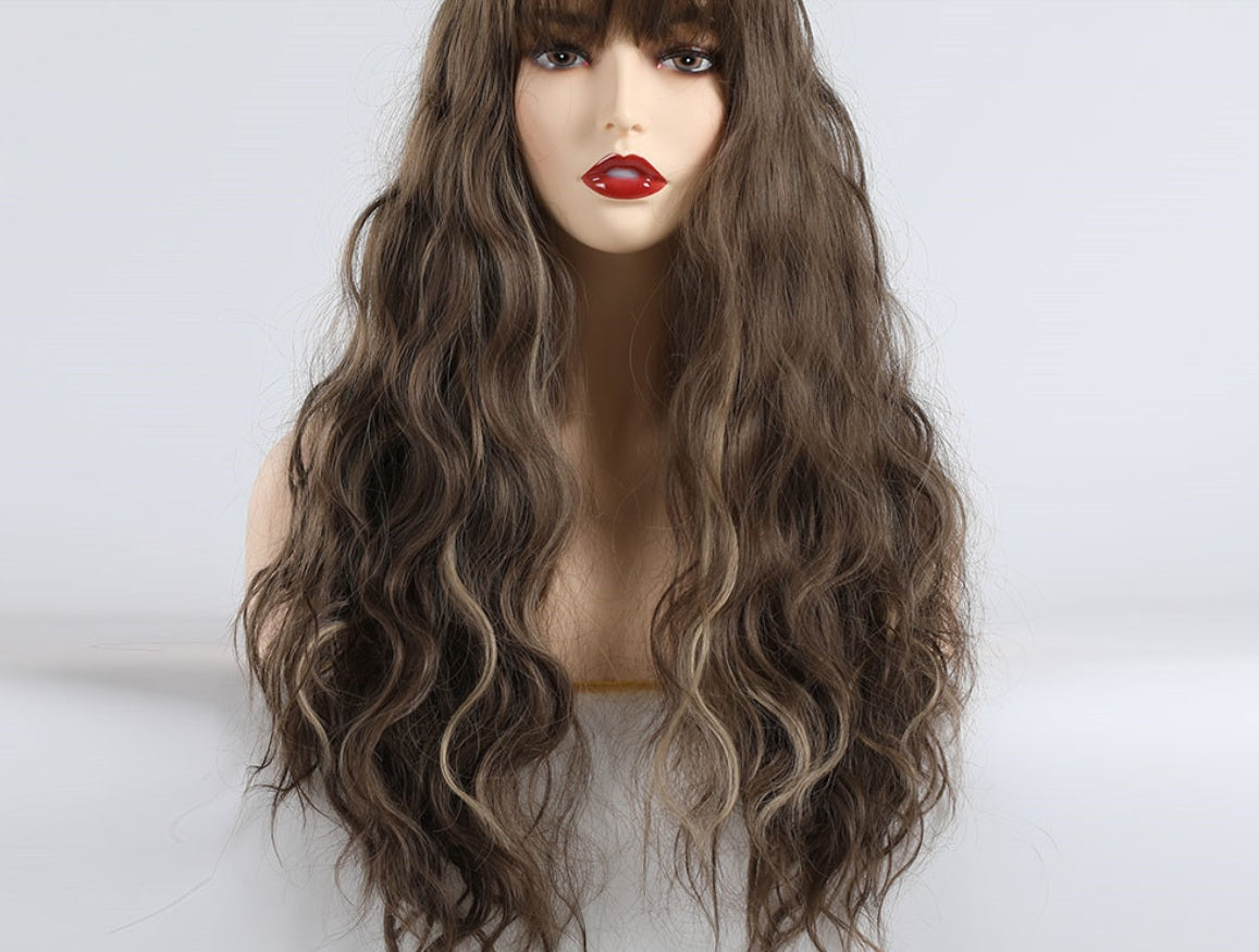 Brown mixed color long bangs curly hair