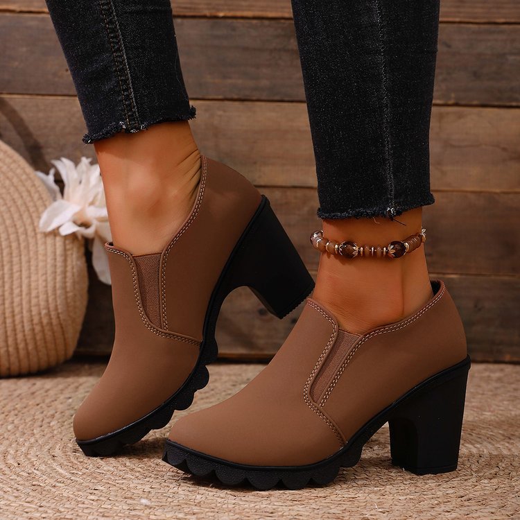 Womens Stylish Chunky-heel Shoes With A Thick Sole And Round Toe