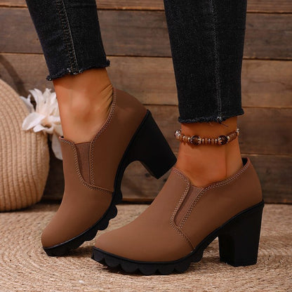 Womens Stylish Chunky-heel Shoes With A Thick Sole And Round Toe