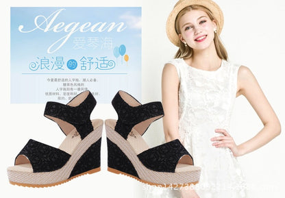 Manufacturers selling spring and summer new explosion network bookeen sexy mouth shoes wedge sandals black women's sandals