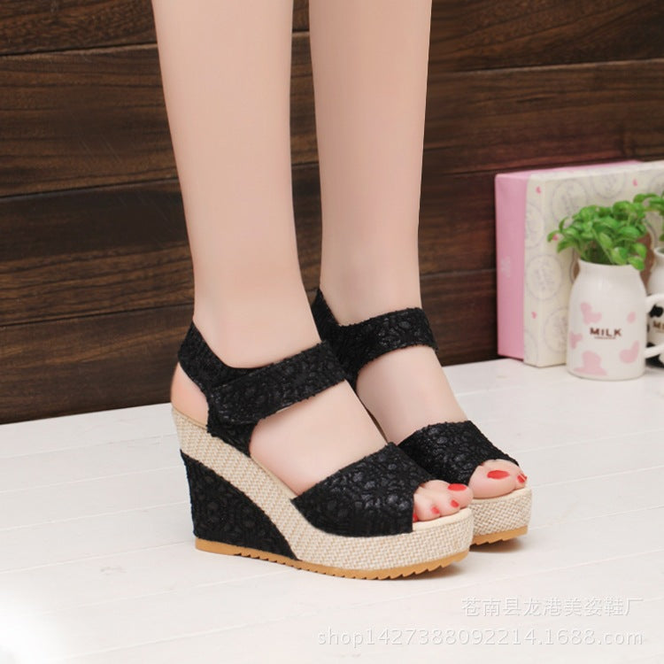 Manufacturers selling spring and summer new explosion network bookeen sexy mouth shoes wedge sandals black women's sandals