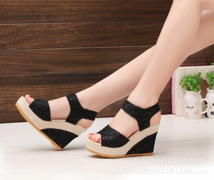 Manufacturers selling spring and summer new explosion network bookeen sexy mouth shoes wedge sandals black women's sandals