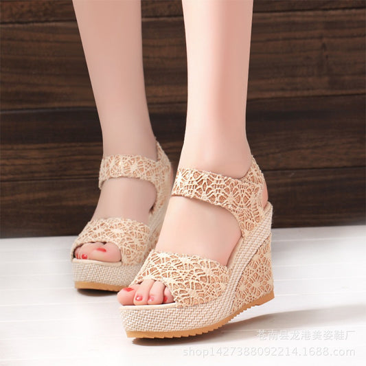 Manufacturers selling spring and summer new explosion network bookeen sexy mouth shoes wedge sandals black women's sandals