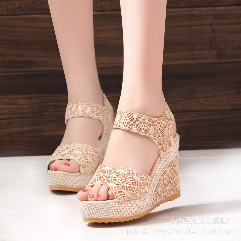 Manufacturers selling spring and summer new explosion network bookeen sexy mouth shoes wedge sandals black women's sandals