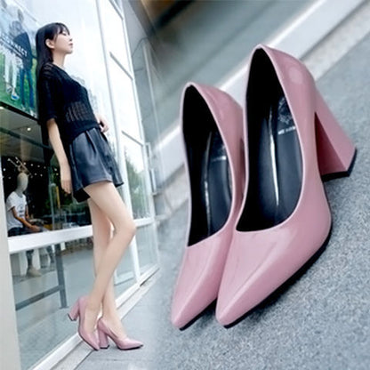 Women's Thick Heel Pointed OL Patent Leather Shoes
