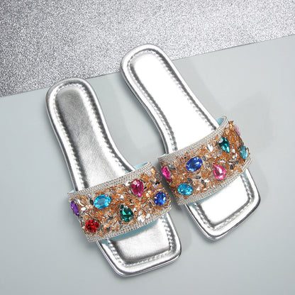 Fashionable Colorful Rhinestone Slippers With Soft Bottom
