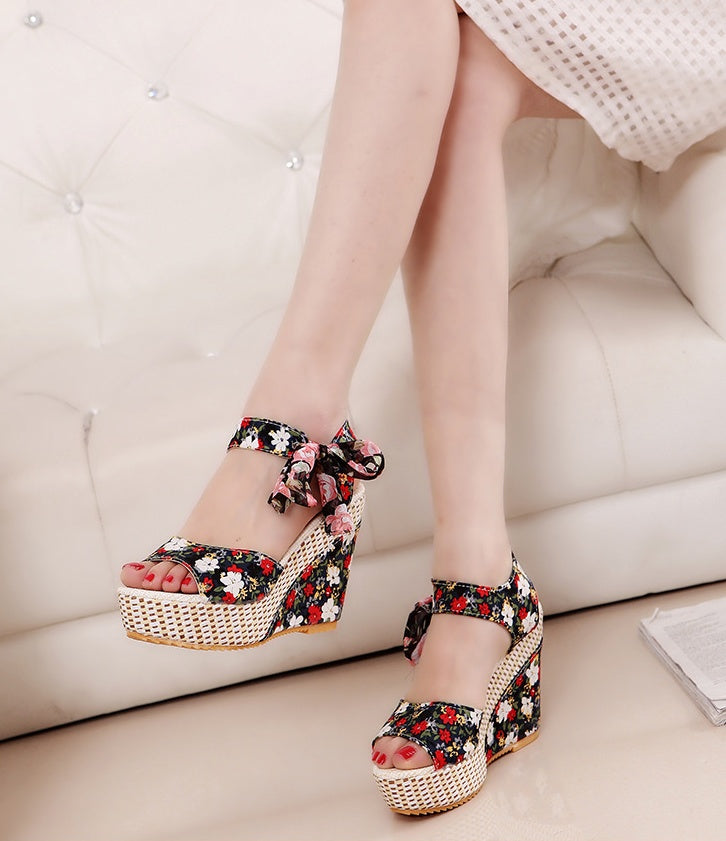 Manufacturers selling spring and summer new explosion network bookeen sexy mouth shoes wedge sandals black women's sandals
