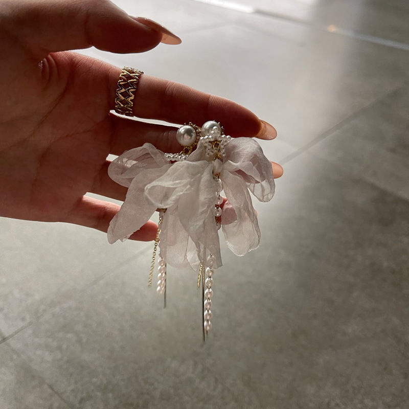 Fairy Bow Knot Pearl Tassel Long Temperament Gentle Silver Needle Earrings