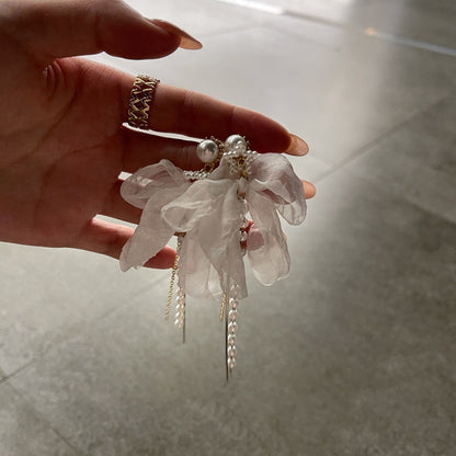 Fairy Bow Knot Pearl Tassel Long Temperament Gentle Silver Needle Earrings