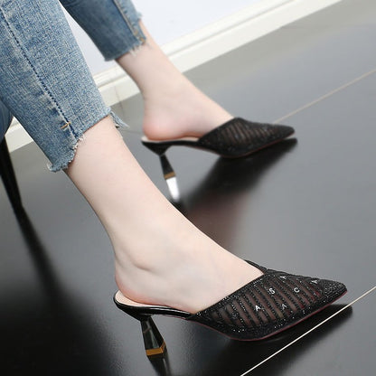 Net Yarn Rhinestone Stiletto Net Red Slippers