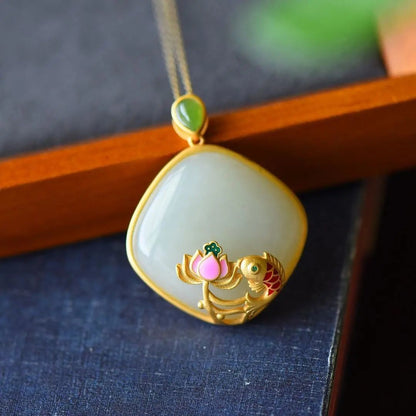 Carp Natural Hetian Jade Ancient Dynasty Pendant Vintage Gold-plated Lotus Design Gentle Clavicle Chain