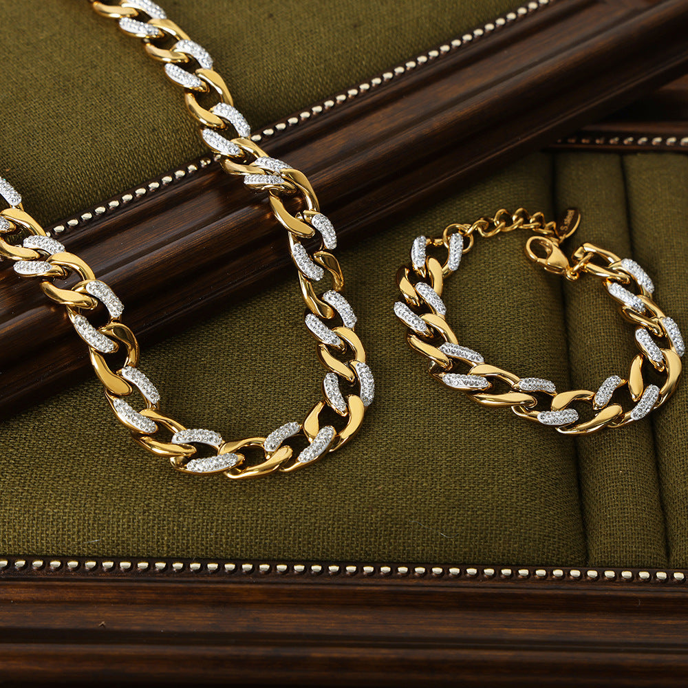 French Style Cool Style Affordable Luxury Fashion Gentle Elegant Jewelry Cuban Link Chain Diamond-studded Design Titanium Steel Gold-plated Jewelry Suit