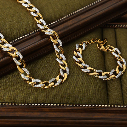 French Style Cool Style Affordable Luxury Fashion Gentle Elegant Jewelry Cuban Link Chain Diamond-studded Design Titanium Steel Gold-plated Jewelry Suit