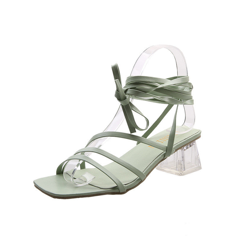 New Korean Style Thin Strap Crystal Thick Heel Plus Size Sandals
