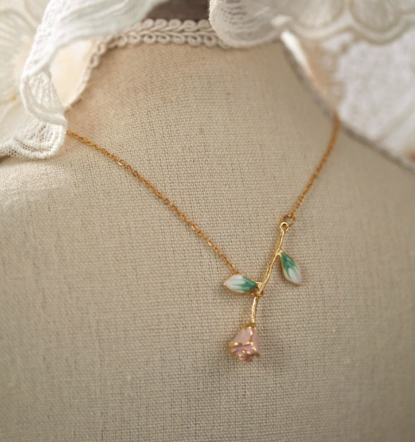 Gentle  Rose Enamel Flowers Titanium Steel Necklace