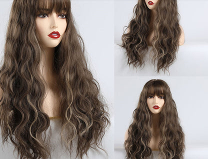 Brown mixed color long bangs curly hair