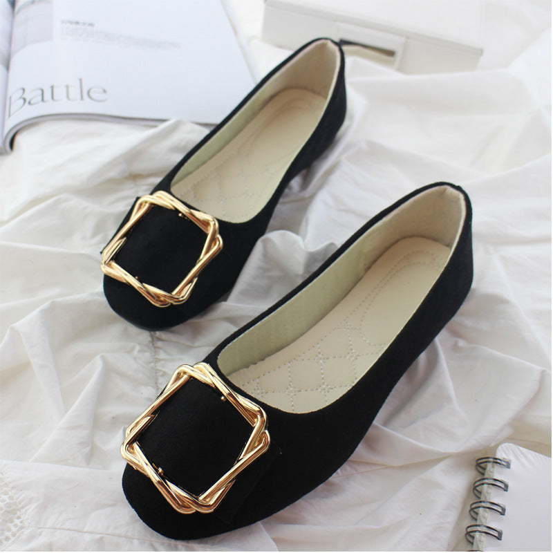 Toe Comfortable Large Size Square Buckle Flats Women's Shoes