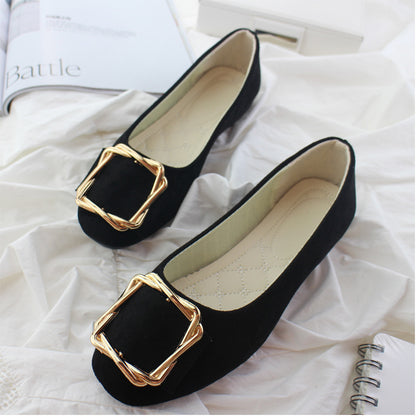 Toe Comfortable Large Size Square Buckle Flats Women's Shoes