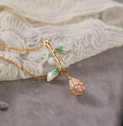 Gentle  Rose Enamel Flowers Titanium Steel Necklace