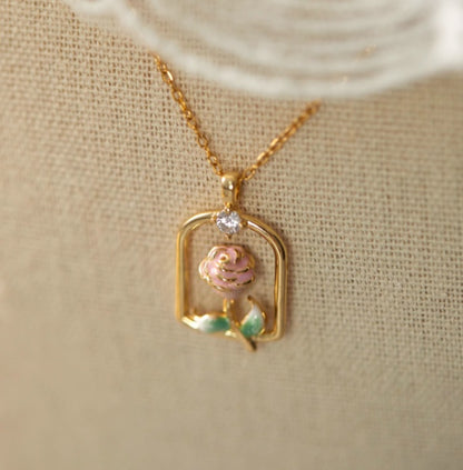 Gentle  Rose Enamel Flowers Titanium Steel Necklace