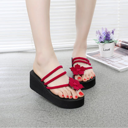 Summer new high heels and thick bottom ladies' slippers flowers